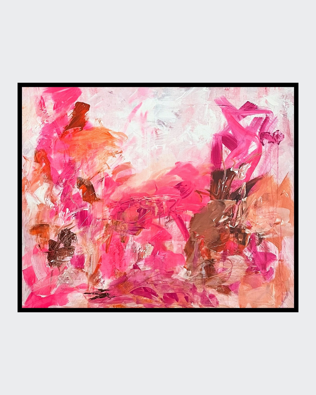 Abstraktes Acrylgemälde „Sommerflimmern“ von Sigrid Bautze-Klinder in Pink-, Rot- und Orangetönen auf Leinwand, 90 x 110 cm.