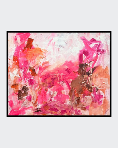 Abstraktes Acrylgemälde „Sommerflimmern“ von Sigrid Bautze-Klinder in Pink-, Rot- und Orangetönen auf Leinwand, 90 x 110 cm.