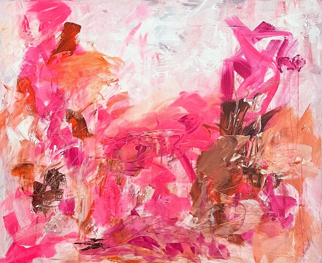 Abstraktes Acrylgemälde „Sommerflimmern“ von Sigrid Bautze-Klinder in Pink-, Rot- und Orangetönen auf Leinwand, 90 x 110 cm.