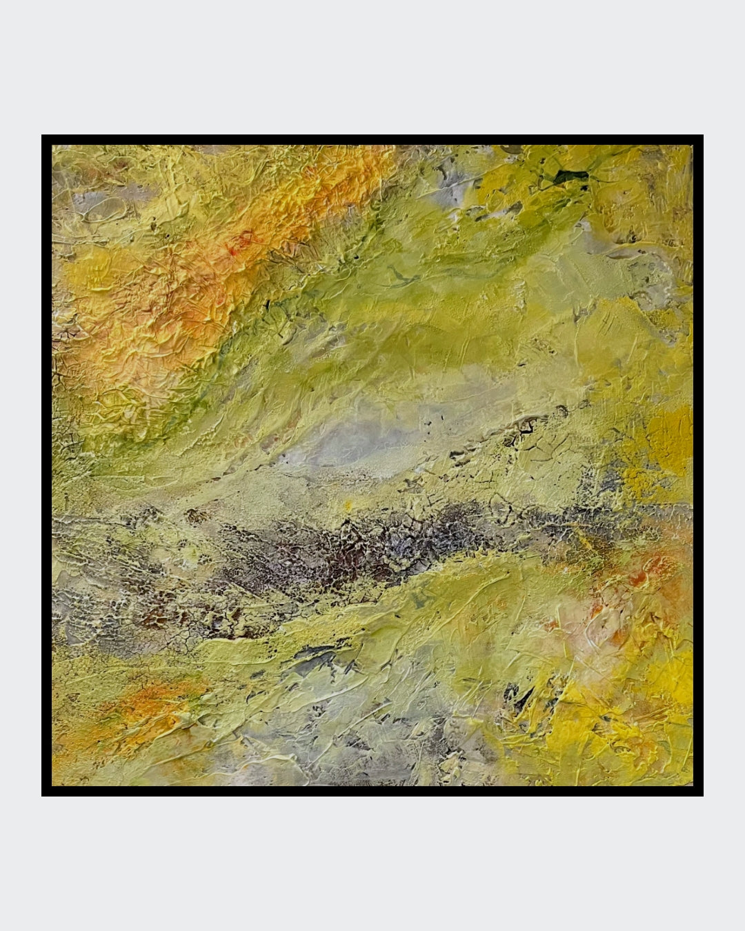 Abstraktes Acrylgemälde "Sonnenwind" von Sigrid Bautze-Klinder in Gelb- und Grüntönen mit pastoser, reliefartiger Textur. ARTSPACER