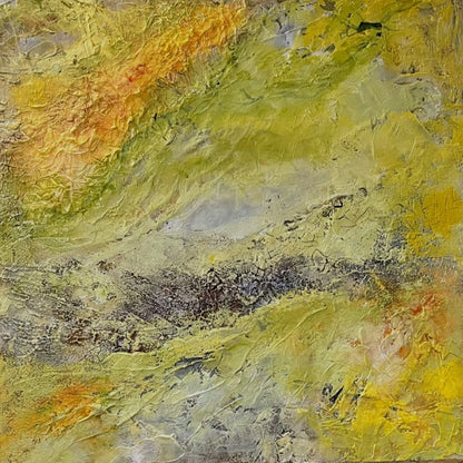 Abstraktes Acrylgemälde "Sonnenwind" von Sigrid Bautze-Klinder in Gelb- und Grüntönen mit pastoser, reliefartiger Textur.