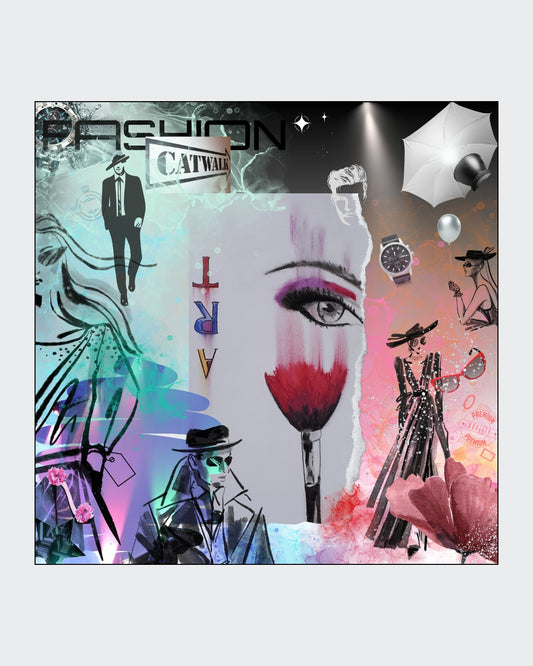 Farbenfrohes DigiArt Design "Art Catwalk" von Simone Kratzsch. Verschmelzung von Modeillustrationen, grafischen Elementen und abstrakten Farbakzenten in Pink, Blau, Schwarz und Weiß.