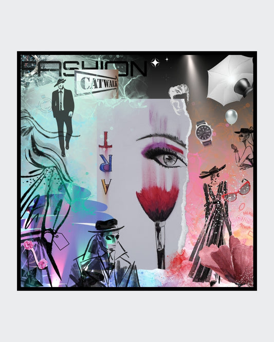 Farbenfrohes DigiArt Design "Art Catwalk" von Simone Kratzsch. Verschmelzung von Modeillustrationen, grafischen Elementen und abstrakten Farbakzenten in Pink, Blau, Schwarz und Weiß.