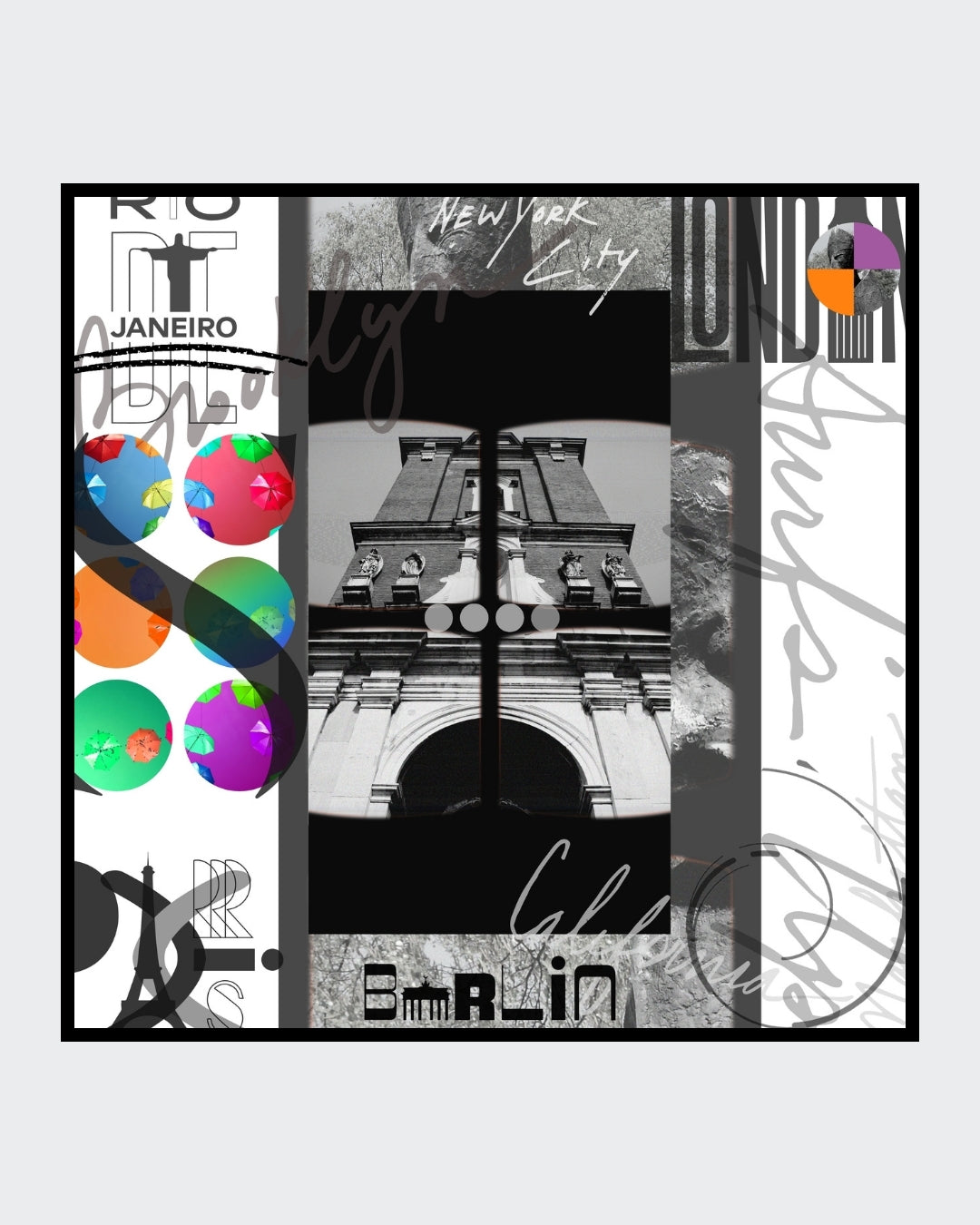 Grafisches DigiArt Design "Free" von Simone Kratzsch. Collage mit stilisierten Stadtansichten von Rio, New York, London und Berlin in Schwarzweiß und bunten Akzenten.