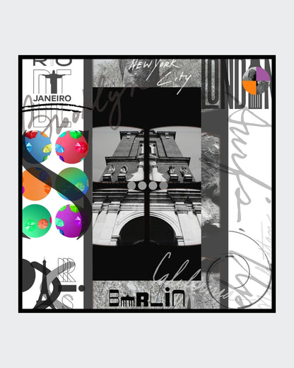 Grafisches DigiArt Design "Free" von Simone Kratzsch. Collage mit stilisierten Stadtansichten von Rio, New York, London und Berlin in Schwarzweiß und bunten Akzenten.