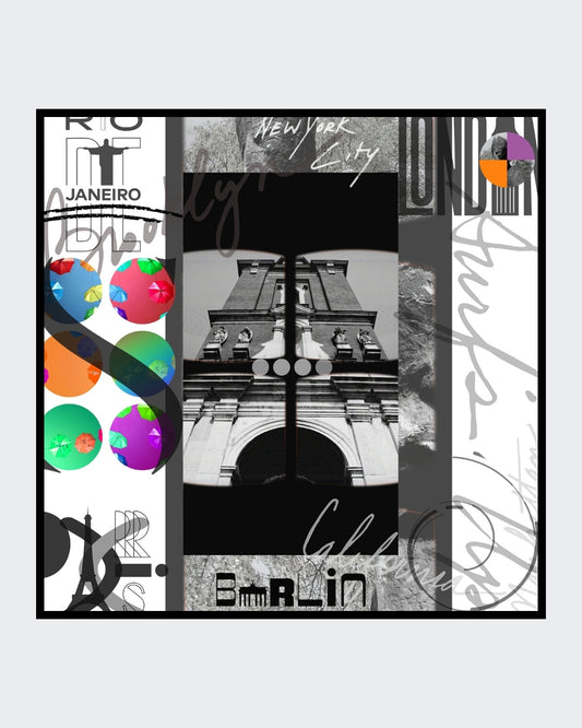 Grafisches DigiArt Design "Free" von Simone Kratzsch. Collage mit stilisierten Stadtansichten von Rio, New York, London und Berlin in Schwarzweiß und bunten Akzenten.