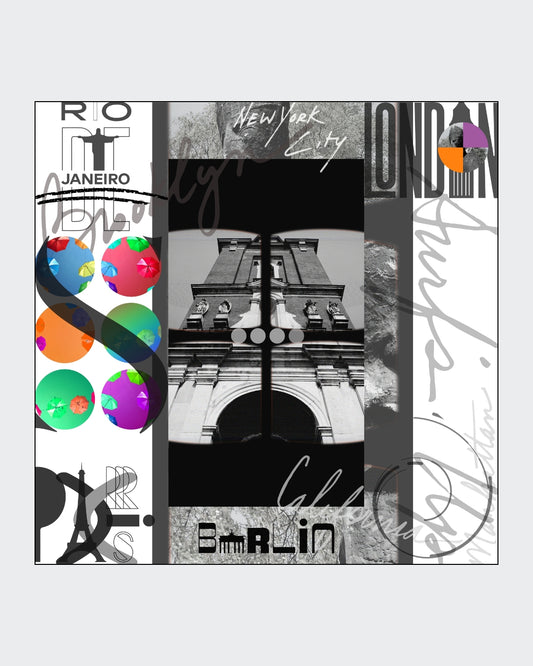 Grafisches DigiArt Design "Free" von Simone Kratzsch. Collage mit stilisierten Stadtansichten von Rio, New York, London und Berlin in Schwarzweiß und bunten Akzenten.