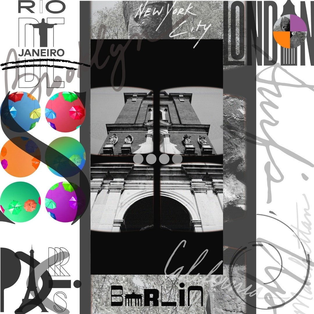Grafisches DigiArt Design "Free" von Simone Kratzsch. Collage mit stilisierten Stadtansichten von Rio, New York, London und Berlin in Schwarzweiß und bunten Akzenten.