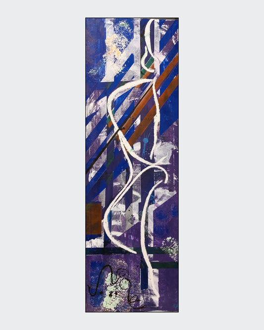 Abstraktes Acrylgemälde "Innerer Dialog" von Simone Kratzsch, 120x40cm. Dynamische, vertikale Farbverläufe in Blau-, Grau- und Weißtönen, die einen inneren Dialog symbolisieren.