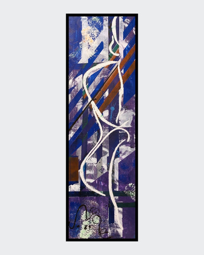 Abstraktes Acrylgemälde "Innerer Dialog" von Simone Kratzsch, 120x40cm. Dynamische, vertikale Farbverläufe in Blau-, Grau- und Weißtönen, die einen inneren Dialog symbolisieren.