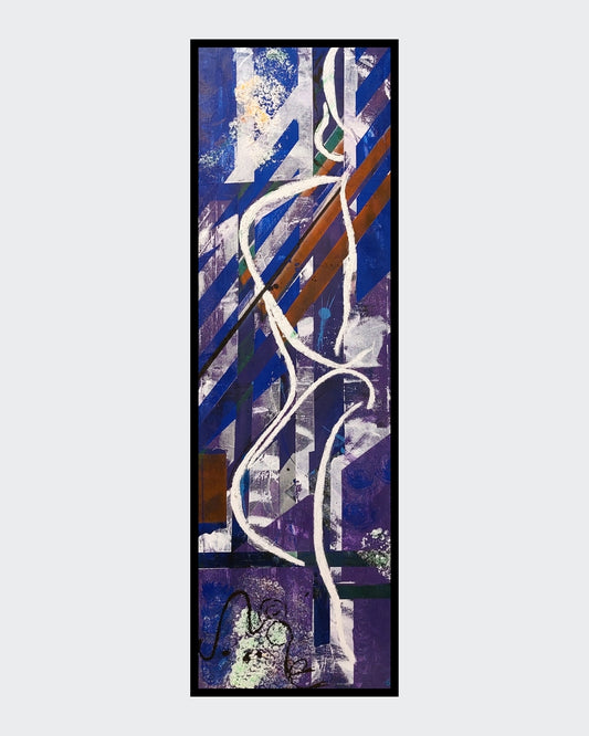 Abstraktes Acrylgemälde "Innerer Dialog" von Simone Kratzsch, 120x40cm. Dynamische, vertikale Farbverläufe in Blau-, Grau- und Weißtönen, die einen inneren Dialog symbolisieren.