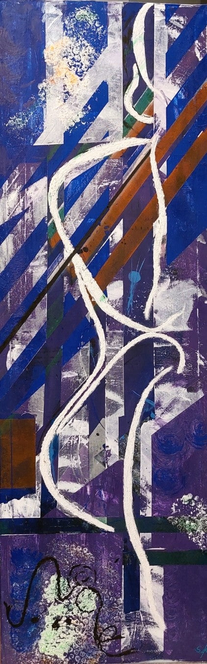 Abstraktes Acrylgemälde "Innerer Dialog" von Simone Kratzsch, 120x40cm. Dynamische, vertikale Farbverläufe in Blau-, Grau- und Weißtönen, die einen inneren Dialog symbolisieren.