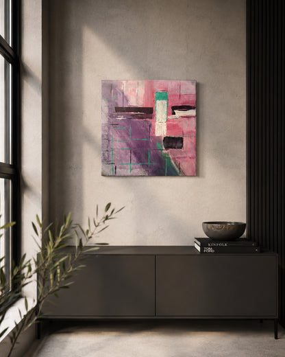 Abstraktes Acrylbild „Labyrinth“ von Simone Kratzsch im quadratischen Format mit rosa, violetten und türkisfarbenen Flächen, schwarzen Linien und weißen Strukturelementen auf Leinwand.