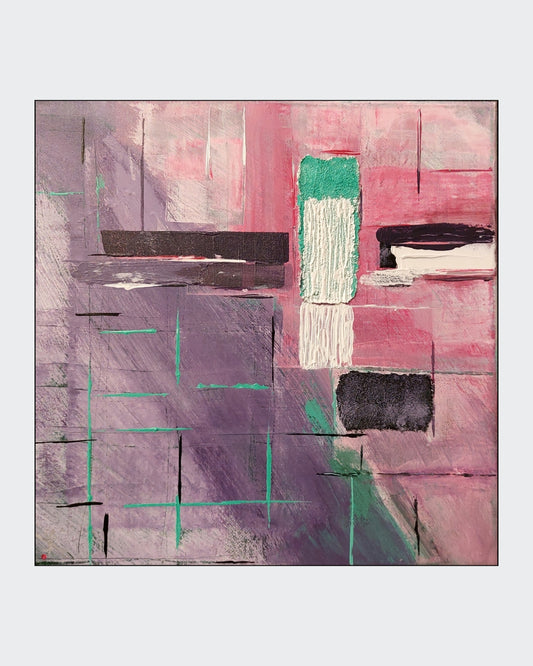 Abstraktes Acrylbild „Labyrinth“ von Simone Kratzsch im quadratischen Format mit rosa, violetten und türkisfarbenen Flächen, schwarzen Linien und weißen Strukturelementen auf Leinwand.