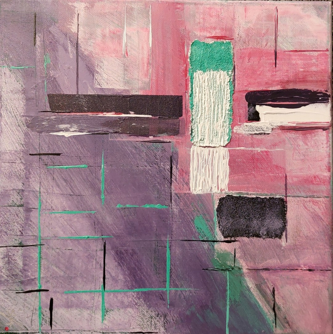 Abstraktes Acrylbild „Labyrinth“ von Simone Kratzsch im quadratischen Format mit rosa, violetten und türkisfarbenen Flächen, schwarzen Linien und weißen Strukturelementen auf Leinwand.