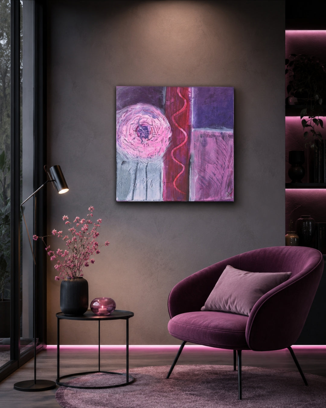 Abstraktes Acrylbild „Love“ von Simone Kratzsch auf Leinwand im quadratischen Format mit Rosa-, Violett-, Pink- und Weißtönen, dunklen Linien, kreisförmiger Struktur links und vertikaler roter Form in der Bildmitte.