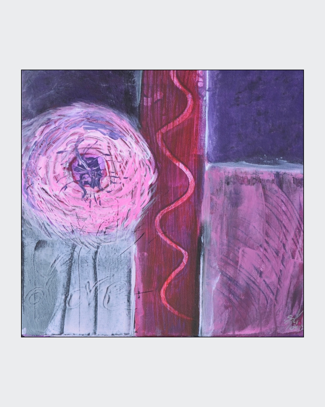 Abstraktes Acrylbild „Love“ von Simone Kratzsch auf Leinwand im quadratischen Format mit Rosa-, Violett-, Pink- und Weißtönen, dunklen Linien, kreisförmiger Struktur links und vertikaler roter Form in der Bildmitte.