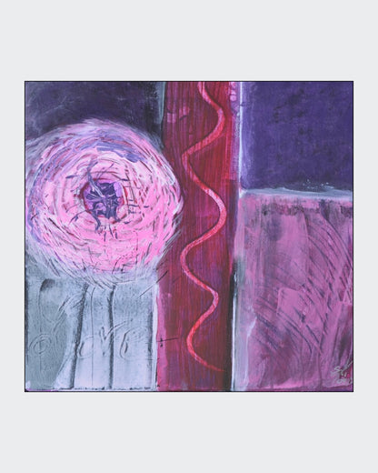 Abstraktes Acrylbild „Love“ von Simone Kratzsch auf Leinwand im quadratischen Format mit Rosa-, Violett-, Pink- und Weißtönen, dunklen Linien, kreisförmiger Struktur links und vertikaler roter Form in der Bildmitte.