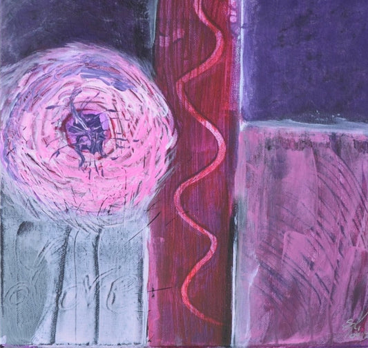 Abstraktes Acrylbild „Love“ von Simone Kratzsch auf Leinwand im quadratischen Format mit Rosa-, Violett-, Pink- und Weißtönen, dunklen Linien, kreisförmiger Struktur links und vertikaler roter Form in der Bildmitte.