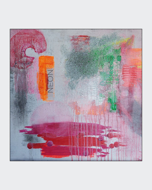 Abstraktes Acrylgemälde "Neon" von Simone Kratzsch, 60x60cm. Lebendige Farben wie Orange, Rosa, Grün und Grau bilden dynamische Formen und Texturen.