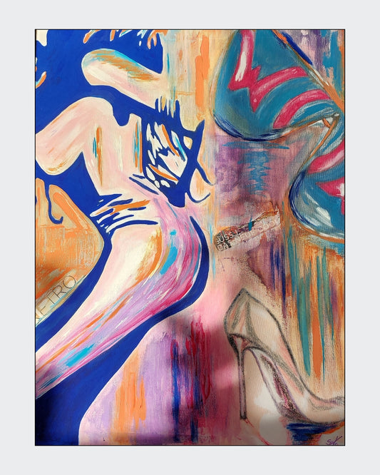 Abstraktes Acrylgemälde "Retro" von Simone Kratzsch, 80x60cm. Weiche Farbverläufe in Rosa, Blau, Orange und Lila, die an vergangene Zeiten erinnern.