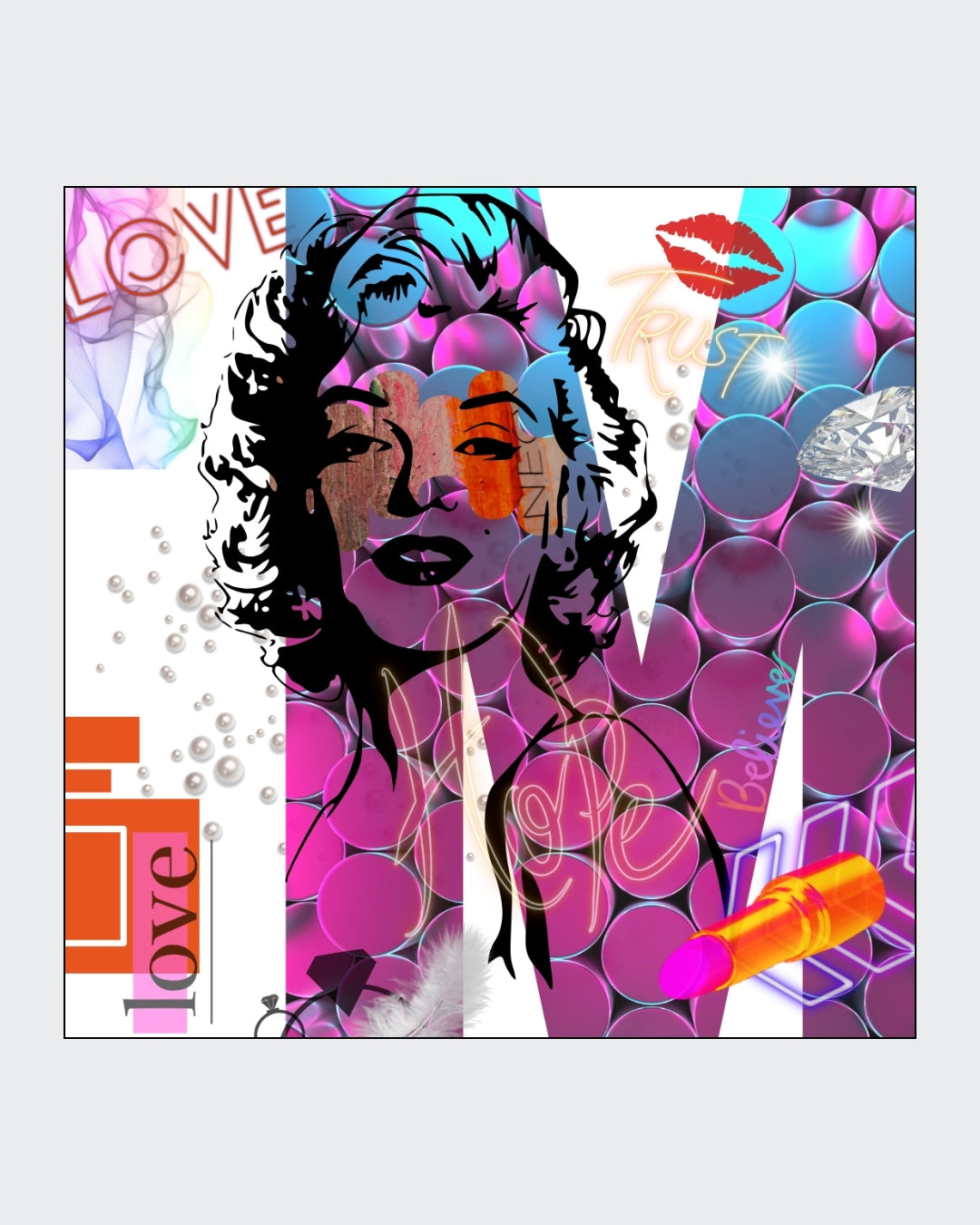 Digitales Pop-Art-Kunstwerk „Trust“ von Simone Kratzsch auf Leinwand mit stilisiertem Porträt in schwarzen Konturlinien, pink-türkisem Hintergrund, Schriftzügen Love, Trust und Believe, rotem Lippenmotiv, Perlen, Diamant und Lippenstift.