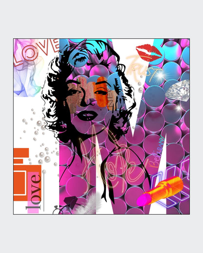 Digitales Pop-Art-Kunstwerk „Trust“ von Simone Kratzsch auf Leinwand mit stilisiertem Porträt in schwarzen Konturlinien, pink-türkisem Hintergrund, Schriftzügen Love, Trust und Believe, rotem Lippenmotiv, Perlen, Diamant und Lippenstift.