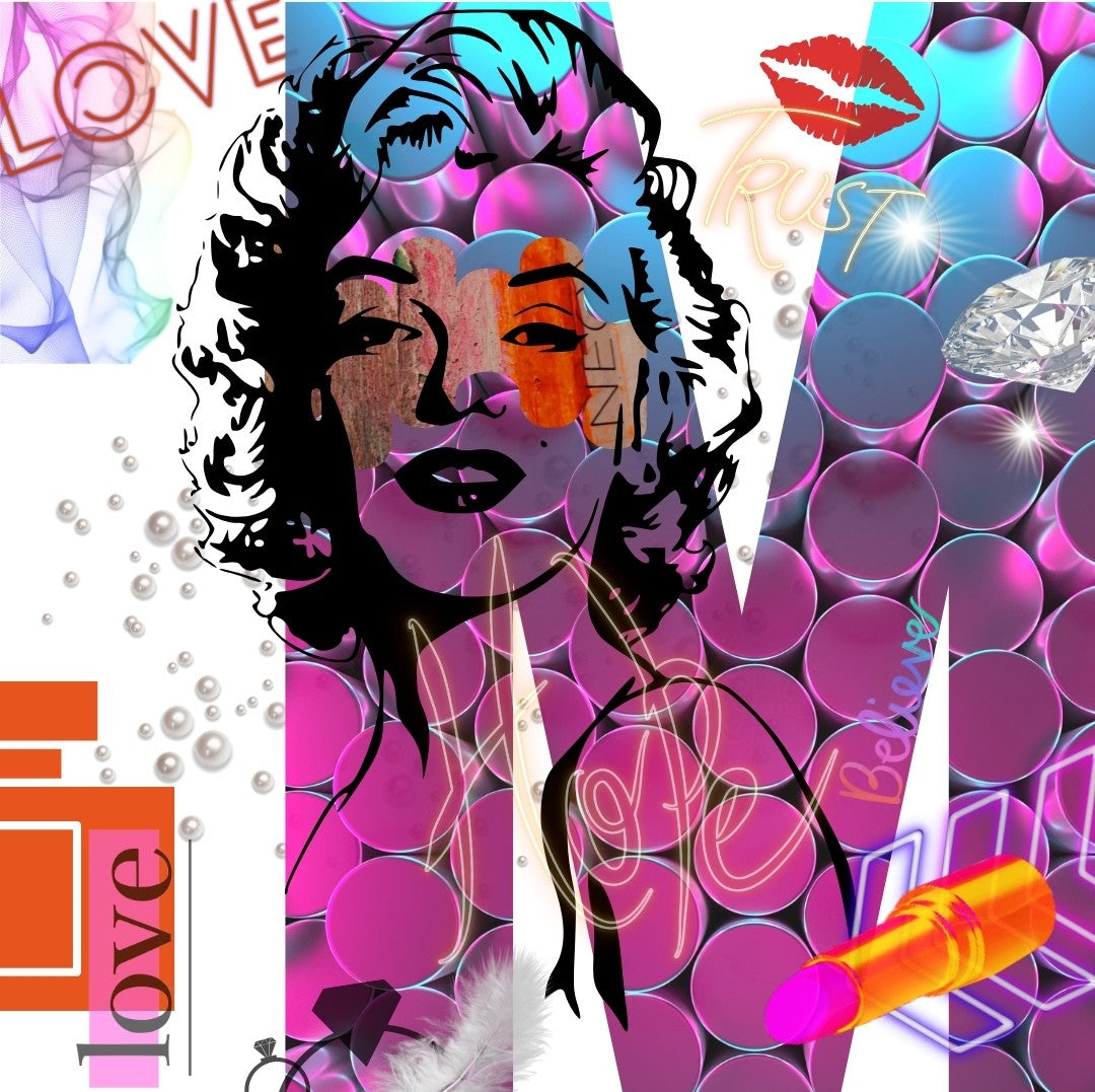 Digitales Pop-Art-Kunstwerk „Trust“ von Simone Kratzsch auf Leinwand mit stilisiertem Porträt in schwarzen Konturlinien, pink-türkisem Hintergrund, Schriftzügen Love, Trust und Believe, rotem Lippenmotiv, Perlen, Diamant und Lippenstift.