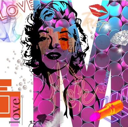 Digitales Pop-Art-Kunstwerk „Trust“ von Simone Kratzsch auf Leinwand mit stilisiertem Porträt in schwarzen Konturlinien, pink-türkisem Hintergrund, Schriftzügen Love, Trust und Believe, rotem Lippenmotiv, Perlen, Diamant und Lippenstift.