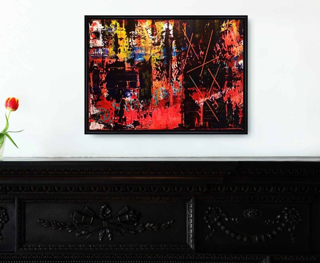 Abstraktes Acrylgemälde von Smillya Dartsch mit dem Titel 'Abstract Painting Demonstration'. Das Bild zeigt eine lebhafte Mischung aus Farben, darunter Rot, Schwarz, Gelb und Blau, mit einer Textur, die Zerrissenheit und Hoffnung symbolisiert. Auf der rechten Seite sind angedeutete menschliche Figuren zu sehen, die Furcht ausdrücken, während die linke Seite Hoffnung vermittelt. Orange Linien durchziehen das Bild. Das Gemälde ist auf einem Keilrahmen gefertigt und mit einem Schattenfugenrahmen versehen. 