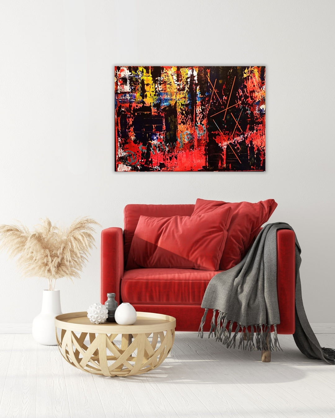 Abstraktes Acrylgemälde von Smillya Dartsch mit dem Titel 'Abstract Painting Demonstration'. Das Bild zeigt eine lebhafte Mischung aus Farben, darunter Rot, Schwarz, Gelb und Blau, mit einer Textur, die Zerrissenheit und Hoffnung symbolisiert. Auf der rechten Seite sind angedeutete menschliche Figuren zu sehen, die Furcht ausdrücken, während die linke Seite Hoffnung vermittelt. Orange Linien durchziehen das Bild. Das Gemälde ist auf einem Keilrahmen gefertigt und mit einem Schattenfugenrahmen versehen. 