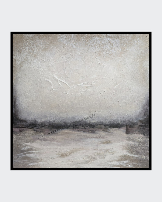 Quadratisches Acrylgemälde (50×50 cm) von Smillya Dartsch: erdige Brauntöne und Mineralweiß, abstrahierte Landschaft mit feinen bis groben Strukturen.