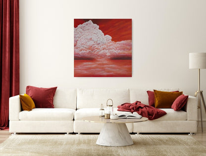 Monumentale weiße Wolkenformation über spiegelndem Wasser in warmen Rot‑/Orangetönen; strukturiertes, quadratisches Acrylgemälde (80×80 cm) auf Keilrahmen.