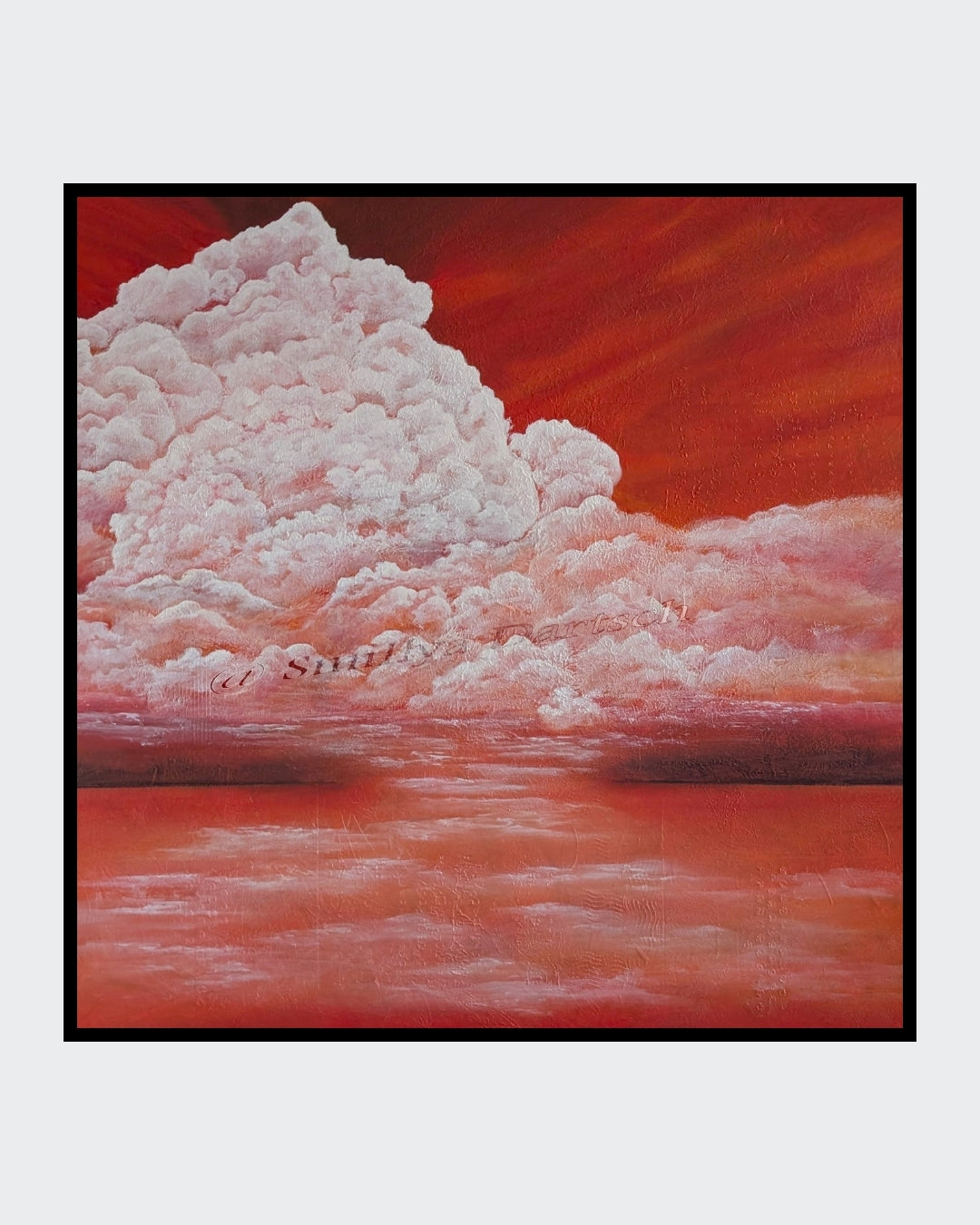 Monumentale weiße Wolkenformation über spiegelndem Wasser in warmen Rot‑/Orangetönen; strukturiertes, quadratisches Acrylgemälde (80×80 cm) auf Keilrahmen.