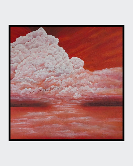 Monumentale weiße Wolkenformation über spiegelndem Wasser in warmen Rot‑/Orangetönen; strukturiertes, quadratisches Acrylgemälde (80×80 cm) auf Keilrahmen.