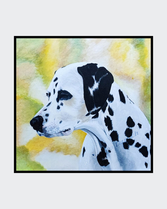 Acrylgemälde eines Dalmatiners von Smillya Dartsch – detailgetreu gemalt, mit lebendigen Kontrasten und einer Schutzfirnis für brillante Farbkraft.