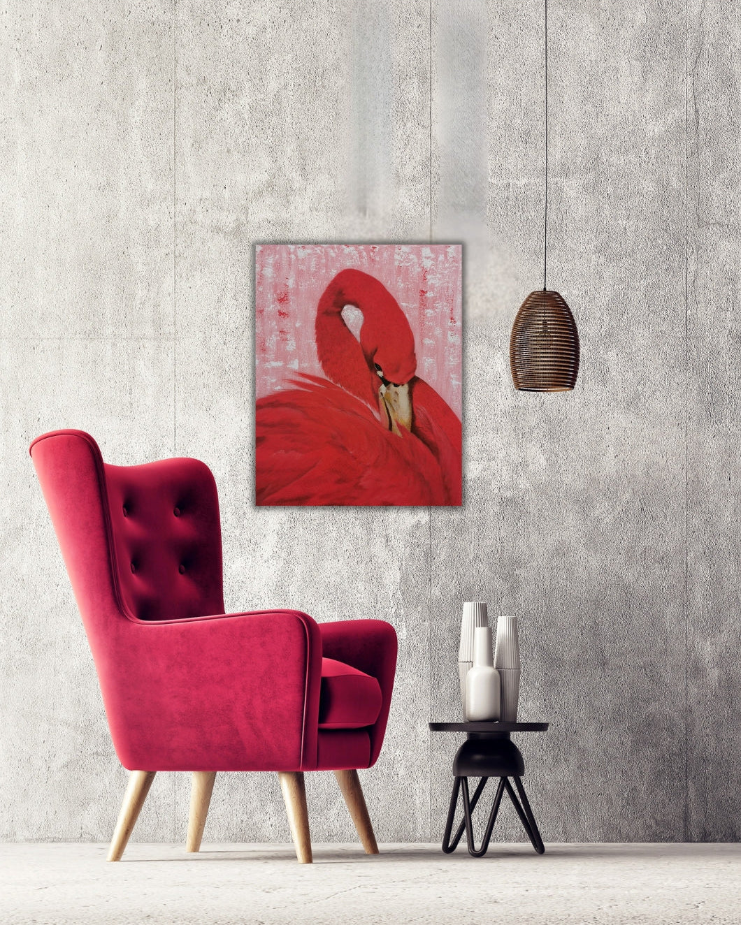 Acrylgemälde 'Der Schwan' von Smillya Dartsch. Ein Schwan in leuchtendem Rot ist vor einem zarten rosa-weißen Hintergrund dargestellt. Der Schwan neigt seinen Kopf nach unten, wobei sein Hals und sein Gefieder im Vordergrund stehen. Das Gemälde ist rückseitig signiert und auf einem Keilrahmen gefertigt. Die Maße betragen 50 cm Höhe und 40 cm Breite. Das Gemälde ist inspiriert vom Lied 'Schwanenkönig' von Karat und symbolisiert Liebe.