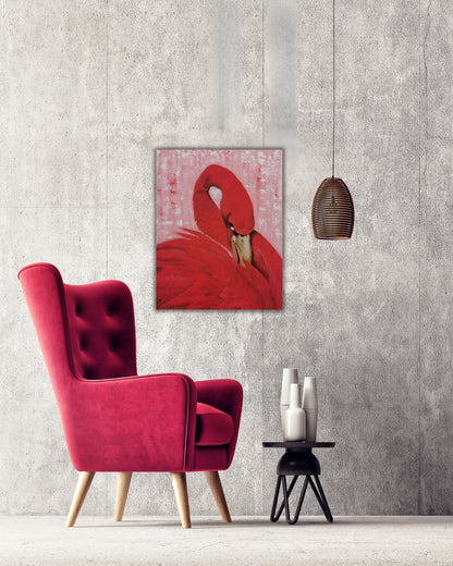 Acrylgemälde 'Der Schwan' von Smillya Dartsch. Ein Schwan in leuchtendem Rot ist vor einem zarten rosa-weißen Hintergrund dargestellt. Der Schwan neigt seinen Kopf nach unten, wobei sein Hals und sein Gefieder im Vordergrund stehen. Das Gemälde ist rückseitig signiert und auf einem Keilrahmen gefertigt. Die Maße betragen 50 cm Höhe und 40 cm Breite. Das Gemälde ist inspiriert vom Lied 'Schwanenkönig' von Karat und symbolisiert Liebe.