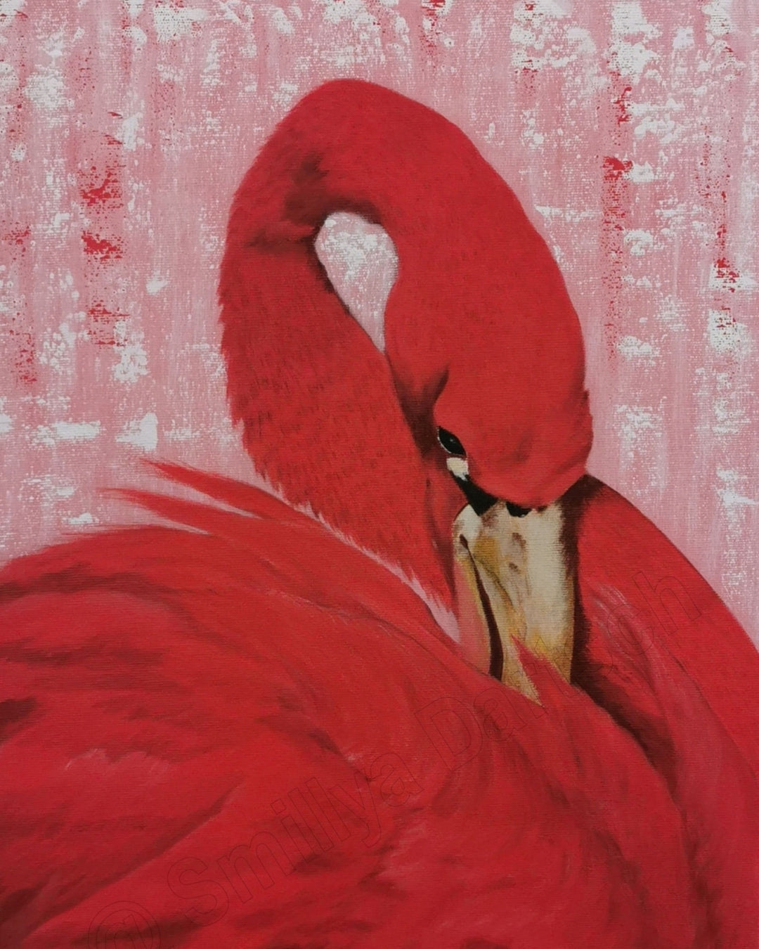 Acrylgemälde 'Der Schwan' von Smillya Dartsch. Ein Schwan in leuchtendem Rot ist vor einem zarten rosa-weißen Hintergrund dargestellt. Der Schwan neigt seinen Kopf nach unten, wobei sein Hals und sein Gefieder im Vordergrund stehen. Das Gemälde ist rückseitig signiert und auf einem Keilrahmen gefertigt. Die Maße betragen 50 cm Höhe und 40 cm Breite. Das Gemälde ist inspiriert vom Lied 'Schwanenkönig' von Karat und symbolisiert Liebe.