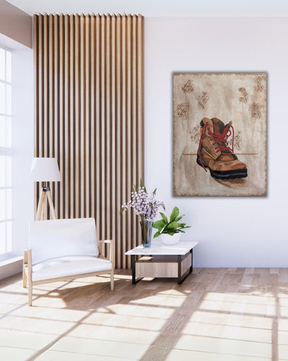 Acrylgemälde 'Discarded' von Smillya Dartsch. Ein einzelner, abgetragener Wanderschuh ist vor einem Hintergrund mit einem dezenten Muster aus stilisierten Ziegelsteinen dargestellt. Der Schuh ist in erdigen Brauntönen gehalten, mit roten Schnürsenkeln, die einen starken Kontrast bilden. Das Gemälde ist auf einem Keilrahmen mit den Maßen 130x100 cm gefertigt.