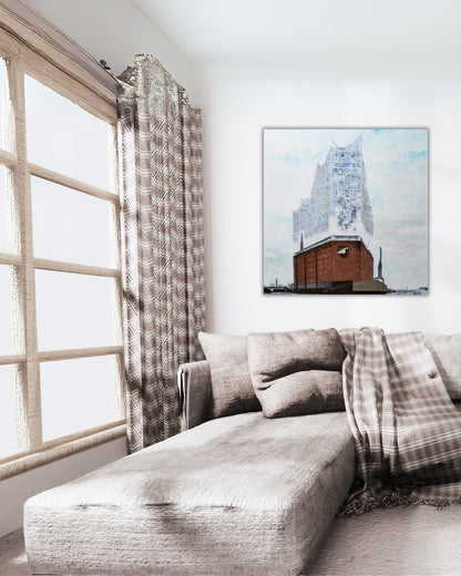 Handgemaltes Acrylgemälde "Elbphilharmonie Hamburg" von Smillya Dartsch. Ein Unikat, das die ikonische Architektur und ihre Verbindung zum Himmel einfängt. 