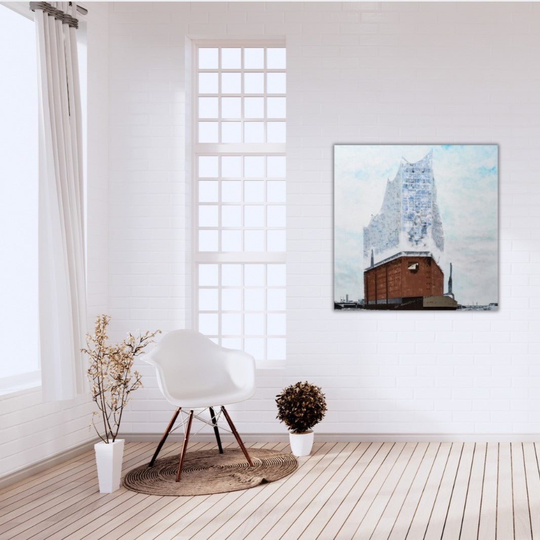 Handgemaltes Acrylgemälde "Elbphilharmonie Hamburg" von Smillya Dartsch. Ein Unikat, das die ikonische Architektur und ihre Verbindung zum Himmel einfängt. 