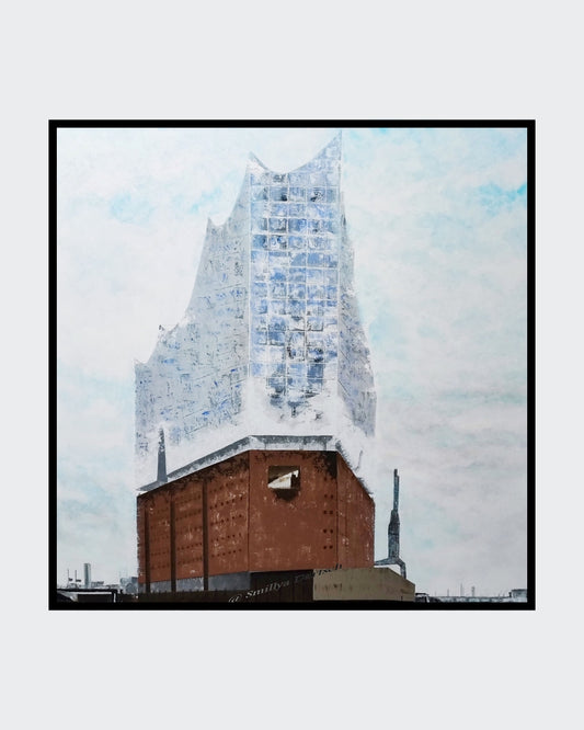 Handgemaltes Acrylgemälde "Elbphilharmonie Hamburg" von Smillya Dartsch. Ein Unikat, das die ikonische Architektur und ihre Verbindung zum Himmel einfängt. 