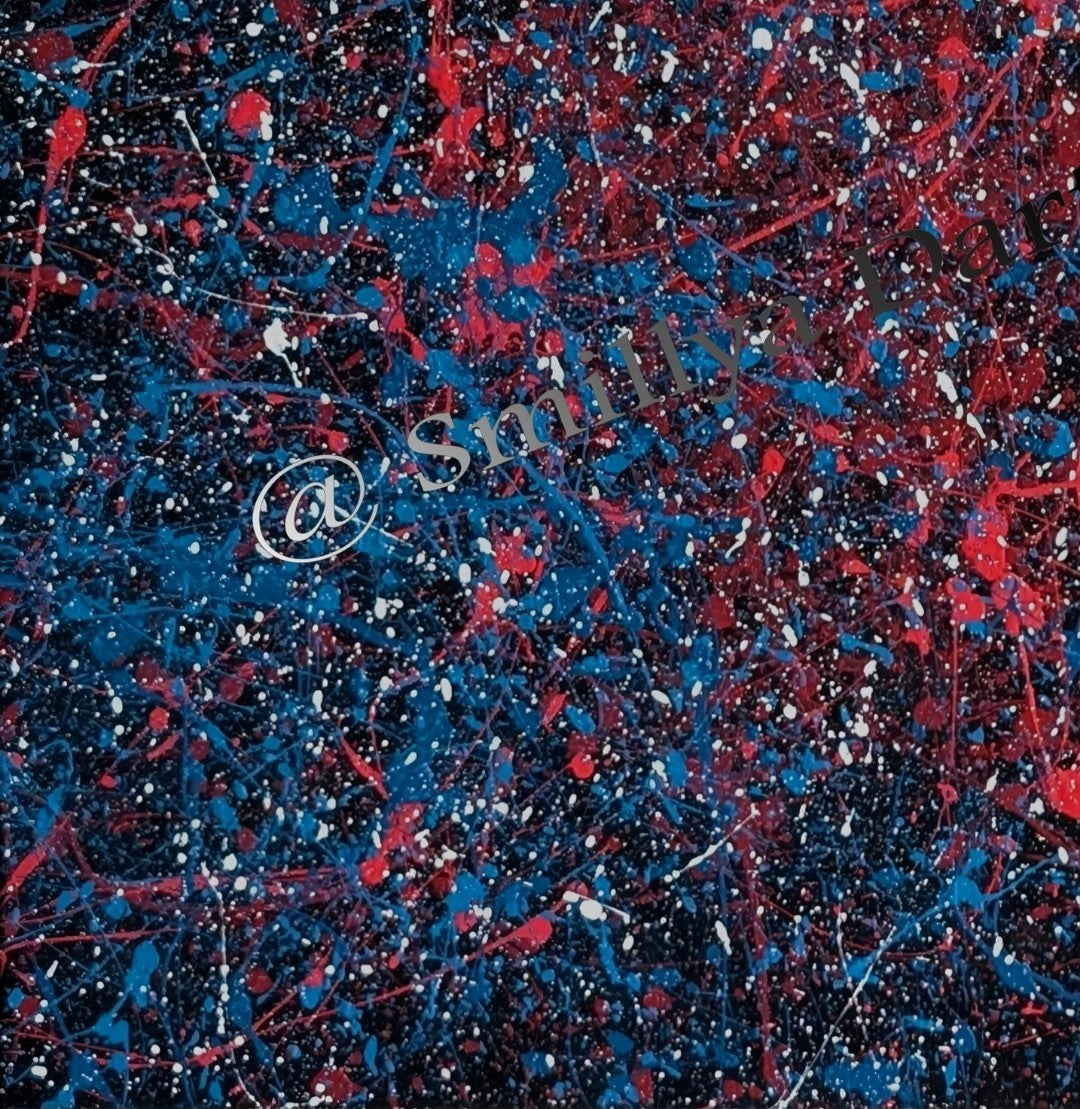 Abstraktes Acrylgemälde 'Emotionen' von Smillya Dartsch. Ein dynamisches Farbenspiel aus Rot, Blau und Weiß auf schwarzem Grund. Die Farben sind in einem spontanen Duktus aufgetragen, der an Farbspritzer und -fäden erinnert. Das Gemälde ist mit einem Glanzfirnis versiegelt und rückseitig signiert. Inklusive Keilrahmenaufhänger. Maße: ca. 50x70 cm.