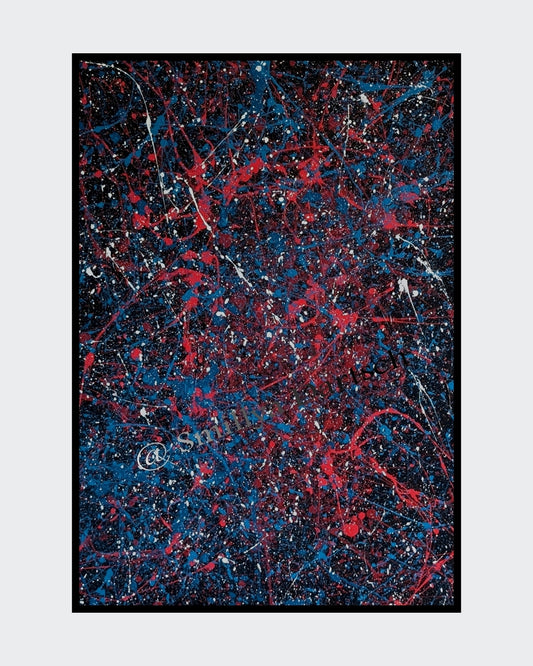 Abstraktes Acrylgemälde 'Emotionen' von Smillya Dartsch. Ein dynamisches Farbenspiel aus Rot, Blau und Weiß auf schwarzem Grund. Die Farben sind in einem spontanen Duktus aufgetragen, der an Farbspritzer und -fäden erinnert. Das Gemälde ist mit einem Glanzfirnis versiegelt und rückseitig signiert. Inklusive Keilrahmenaufhänger. Maße: ca. 50x70 cm.