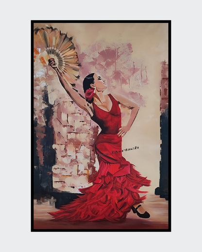 Acrylgemälde 'Flamenco' von Smillya Dartsch. Eine dynamische Darstellung des Flamenco-Tanzes. Die Farben sind lebhaft und ausdrucksstark, mit wirbelnden Linien und Formen, die die Bewegung des Tanzes einfangen. Die Signatur der Künstlerin ist deutlich erkennbar. Das Gemälde ist auf einem Keilrahmen mit den Maßen 124x84 cm gefertigt