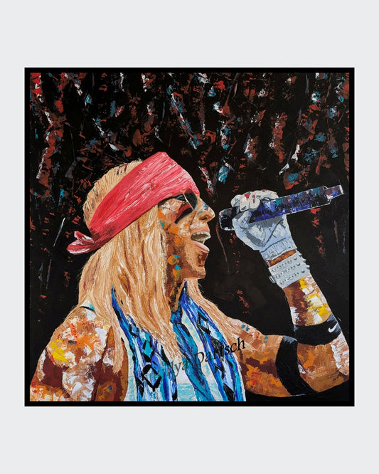 Quadratisches Acrylgemälde (80×80 cm): Bühnenszene mit singender Person, rotes Stirnband, helles langes Haar, Mikrofon in behandschuhter Hand; kräftige, texturierte Farbaufträge vor dunklem, speckled Hintergrund.