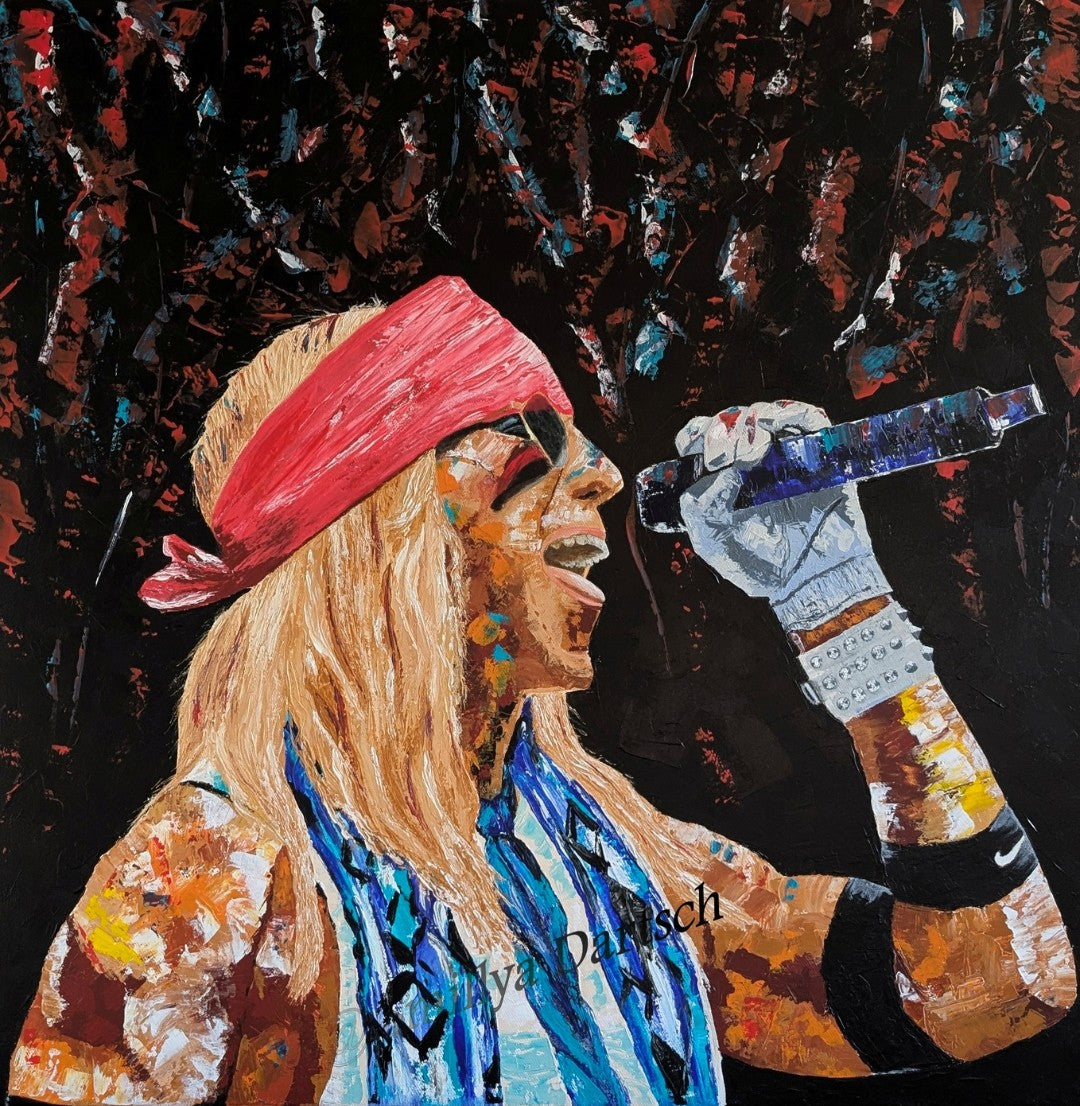 Quadratisches Acrylgemälde (80×80 cm): Bühnenszene mit singender Person, rotes Stirnband, helles langes Haar, Mikrofon in behandschuhter Hand; kräftige, texturierte Farbaufträge vor dunklem, speckled Hintergrund.