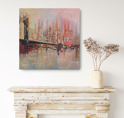 Quadratisches Acrylgemälde (50×50 cm): abstrahierte Hängebrücke links vor vertikal verwaschener Skyline; warme Rosé‑, Orange‑ und Beigetöne mit weichen Reflexionen.