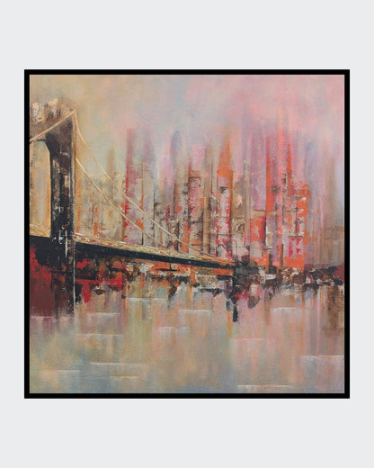 Quadratisches Acrylgemälde (50×50 cm): abstrahierte Hängebrücke links vor vertikal verwaschener Skyline; warme Rosé‑, Orange‑ und Beigetöne mit weichen Reflexionen.